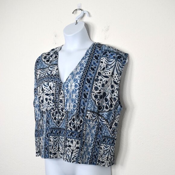 Old Navy Floral Crop Top Sz XXL Smocked Waist Back Tie Boho Peasant Coastal Blue - Picture 2 of 14